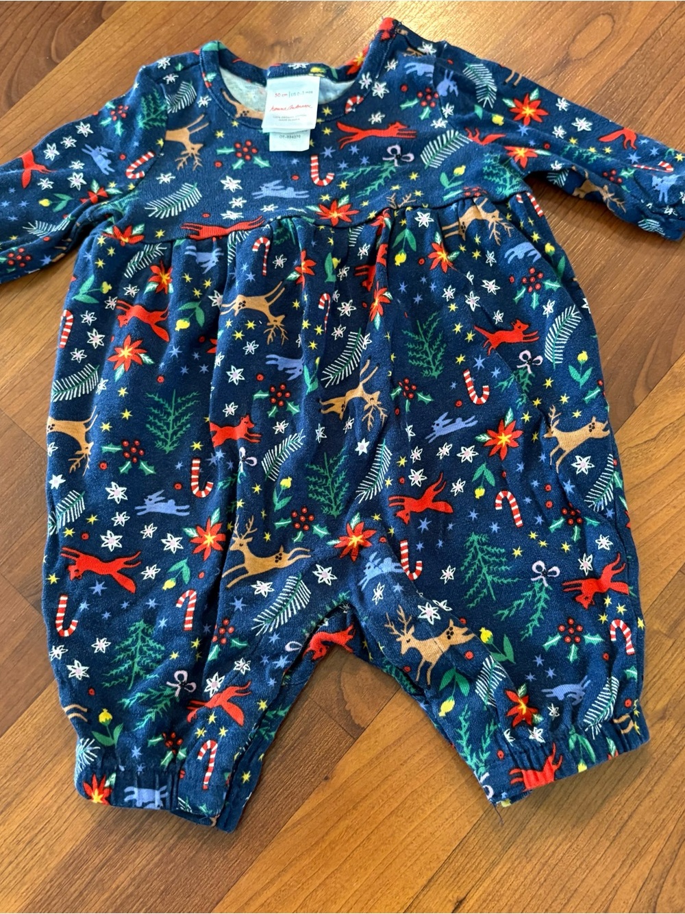 Hanna Andersson Navy Holiday Baby Romper with Reindeer/Candy Cane Print 0-3 M